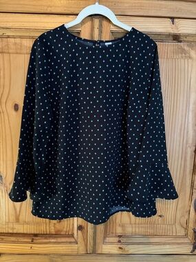 Old Navy Black Blouse with Teal Dot Print and Bell Sleeves